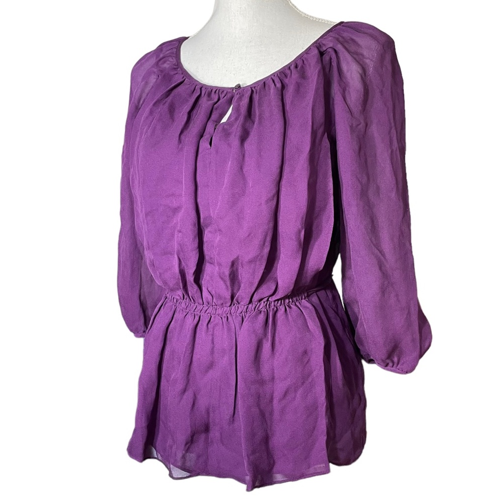 100% Silk Blouson Top 2P Talbots Blouse Purple Keyhole Elastic Waist 3/4 Sleeve